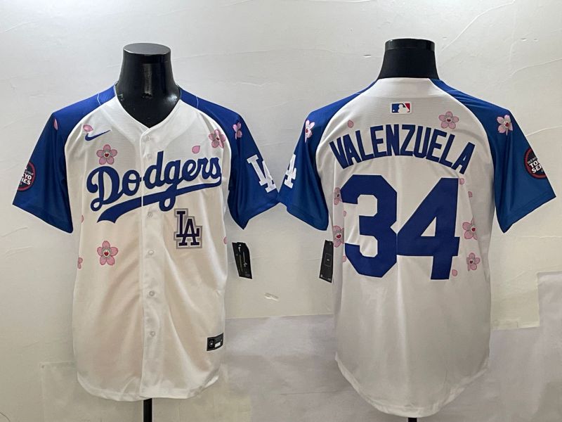 Men Los Angeles Dodgers #34 Valenzuela White Blue Sakura Edition 2025 Nike MLB Jersey style 9->los angeles dodgers->MLB Jersey